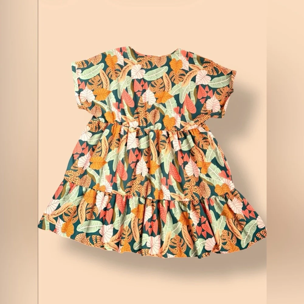 SHEIN Green Multi-Color Tropical Leaf V-Neck Smock Dress - Picture 4 of 6